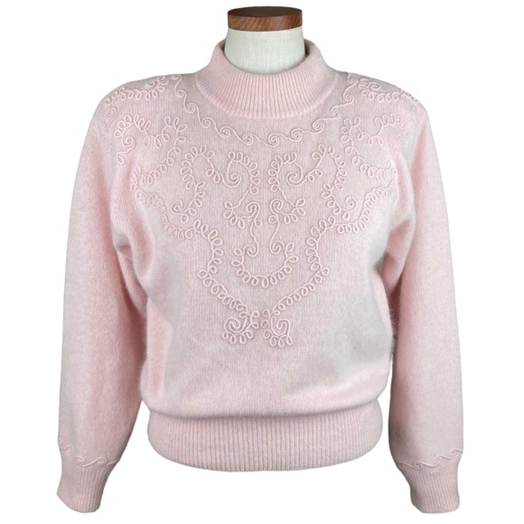 Vtg Valerie Stevens Light Pink Embroidered Lambswool Sweater Petite M - Picture 1 of 11